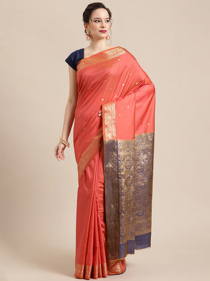 Faishana Handwoven Gajri Valkalam Katan Silk Booti Zari Border With Grey Blouse Banarasi Saree