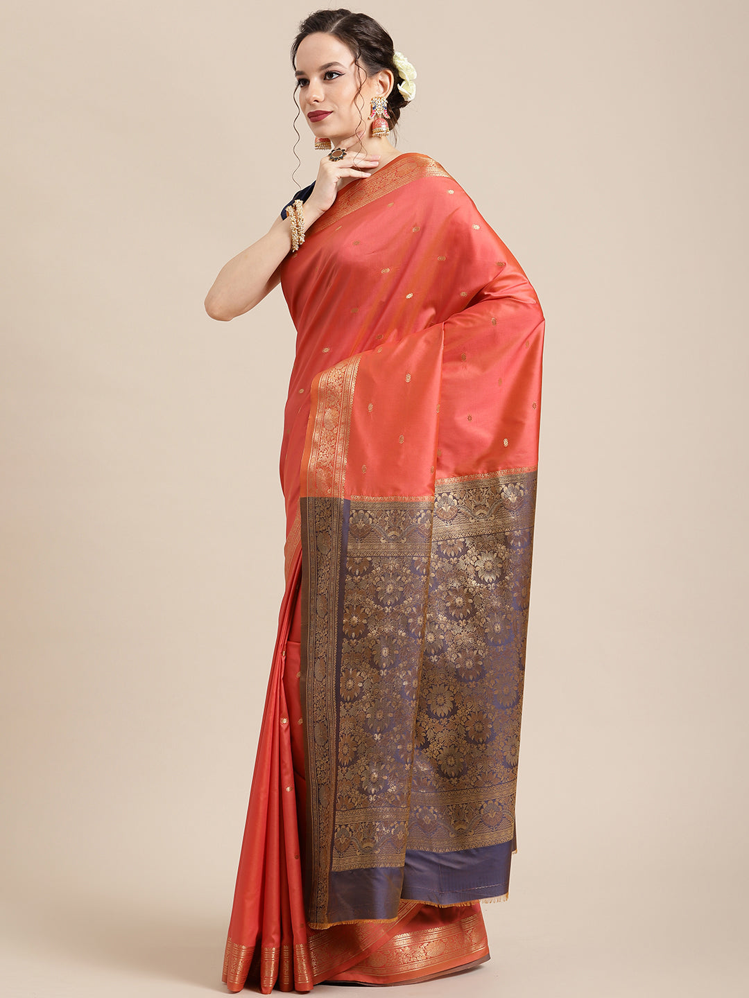 Faishana Handwoven Gajri Valkalam Katan Silk Booti Zari Border With Grey Blouse Banarasi Saree