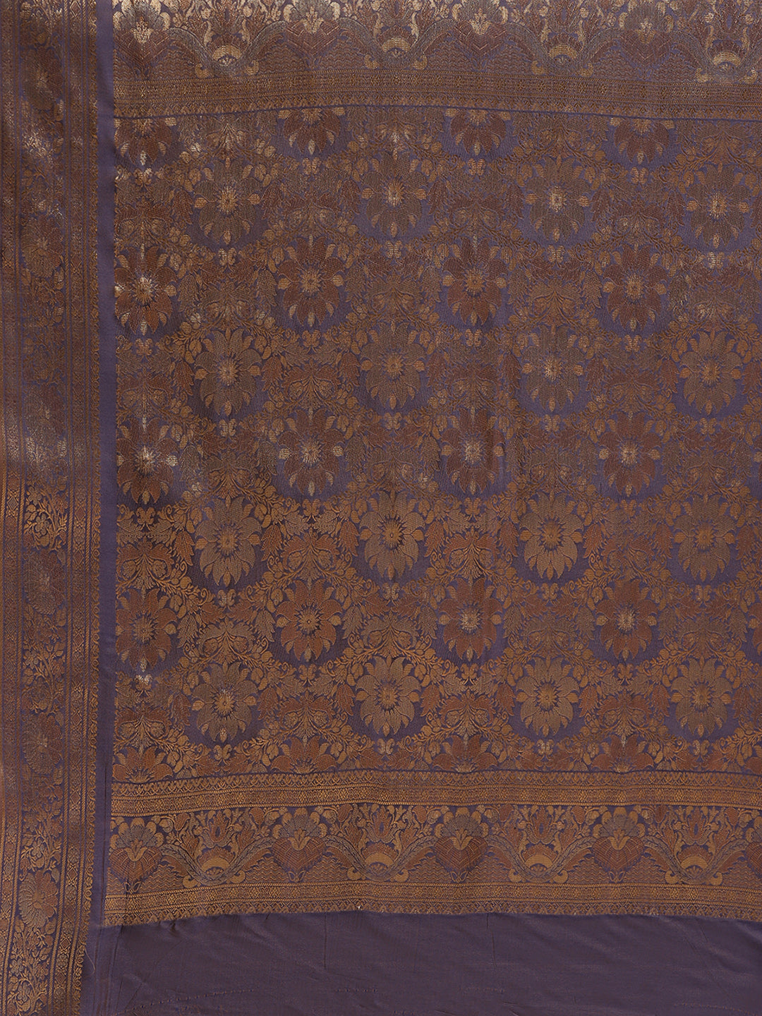 Faishana Handwoven Gajri Valkalam Katan Silk Booti Zari Border With Grey Blouse Banarasi Saree