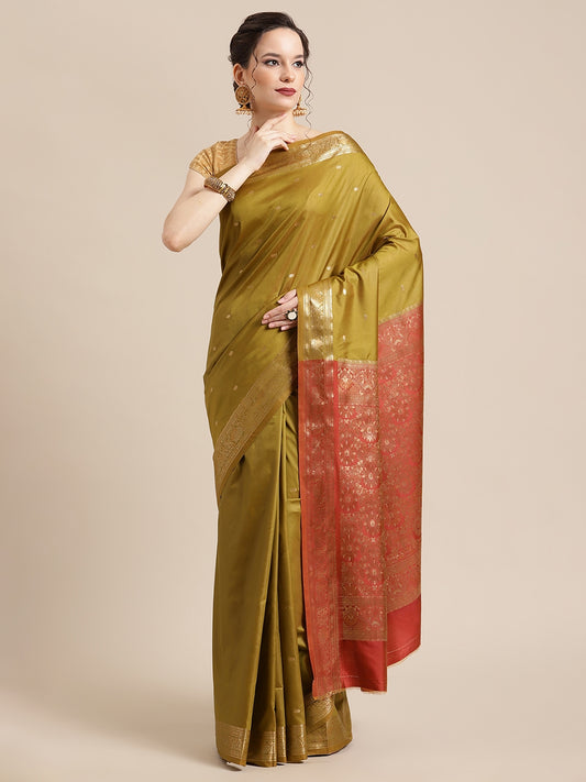 Faishana Handwoven Olive Green Valkalam Katan Silk Booti Zari Border With Rust Blouse Banarasi Saree
