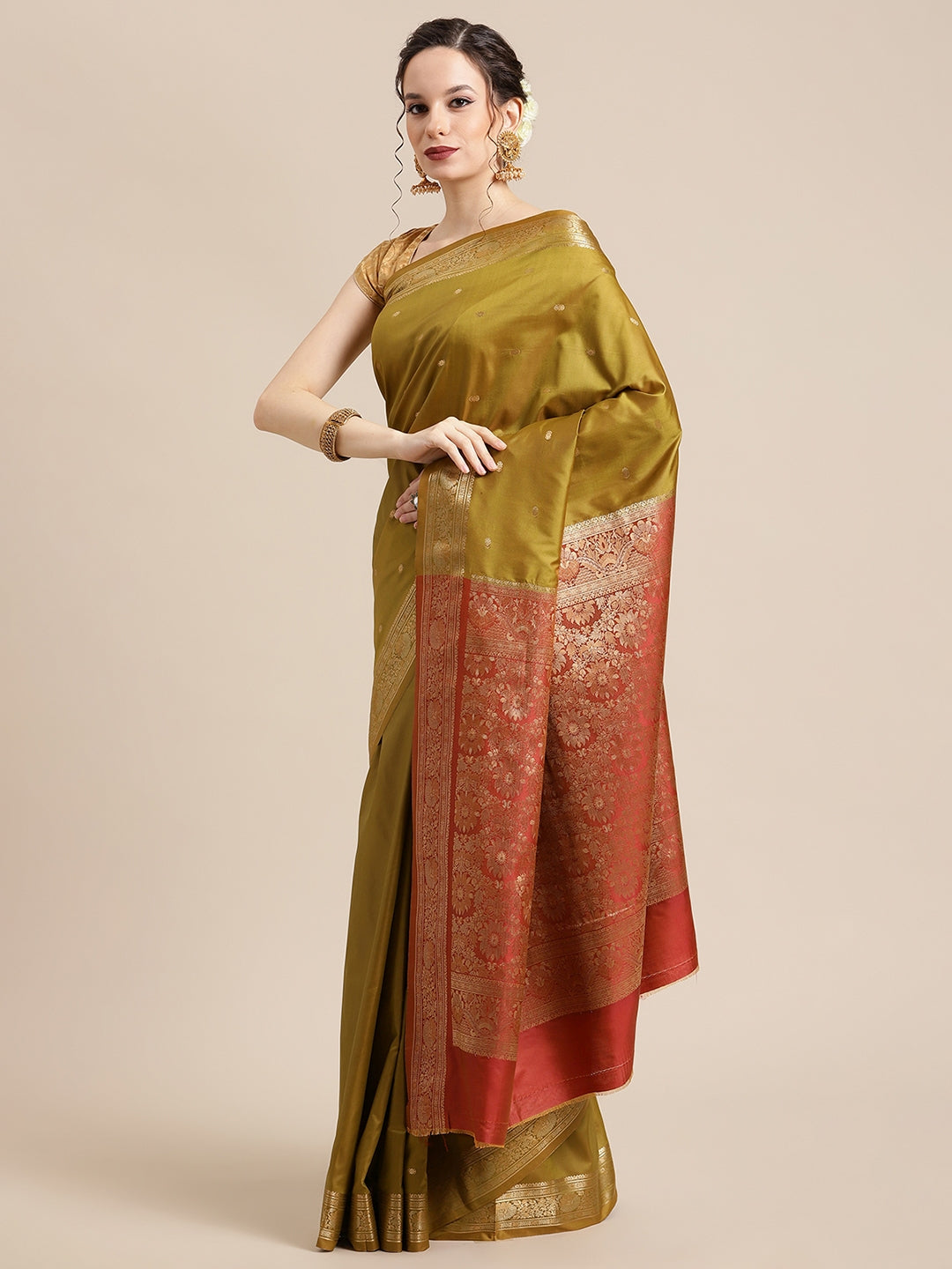 Faishana Handwoven Olive Green Valkalam Katan Silk Booti Zari Border With Rust Blouse Banarasi Saree