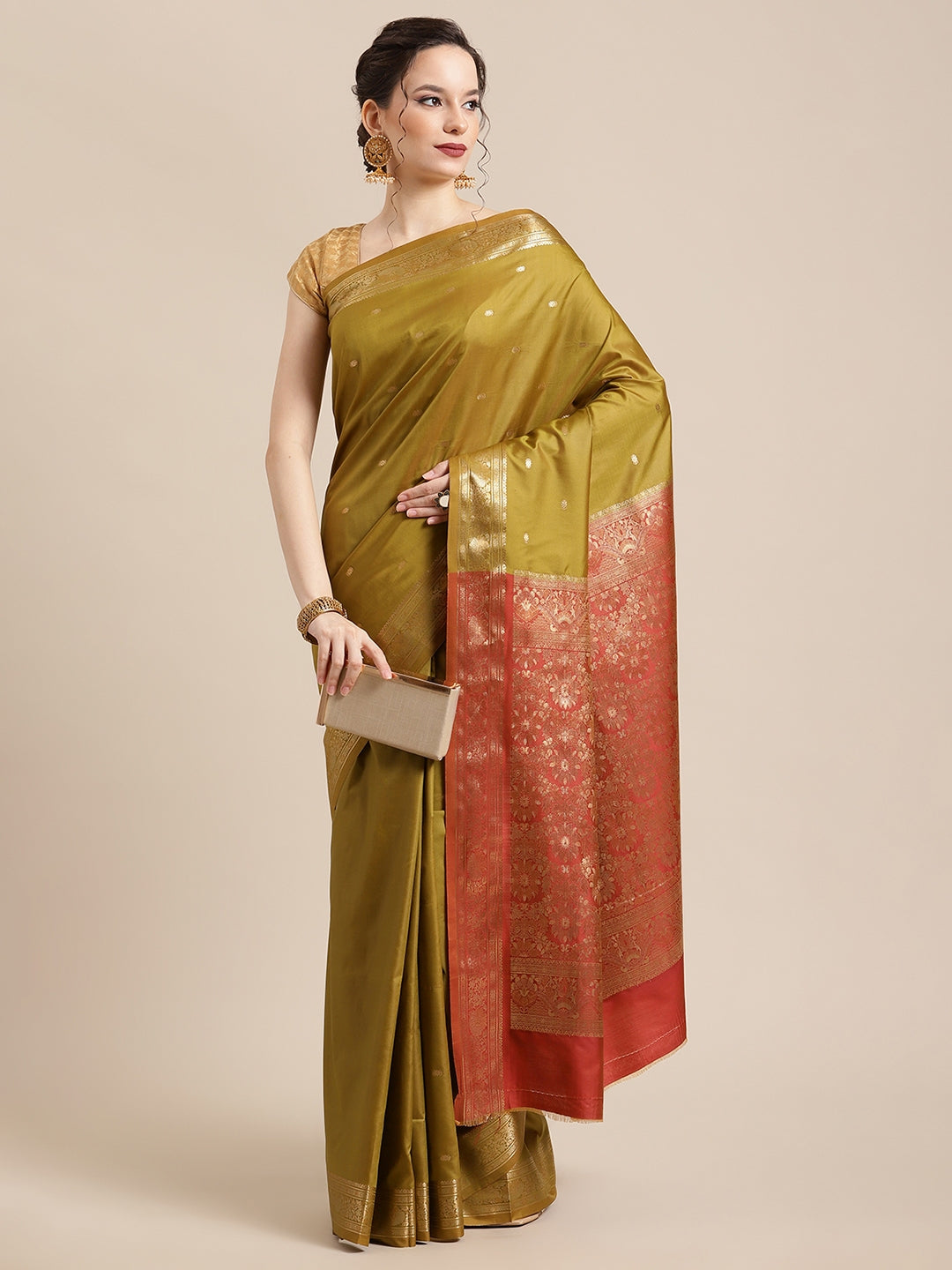 Faishana Handwoven Olive Green Valkalam Katan Silk Booti Zari Border With Rust Blouse Banarasi Saree