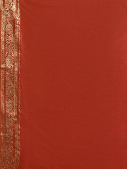 Faishana Handwoven Olive Green Valkalam Katan Silk Booti Zari Border With Rust Blouse Banarasi Saree