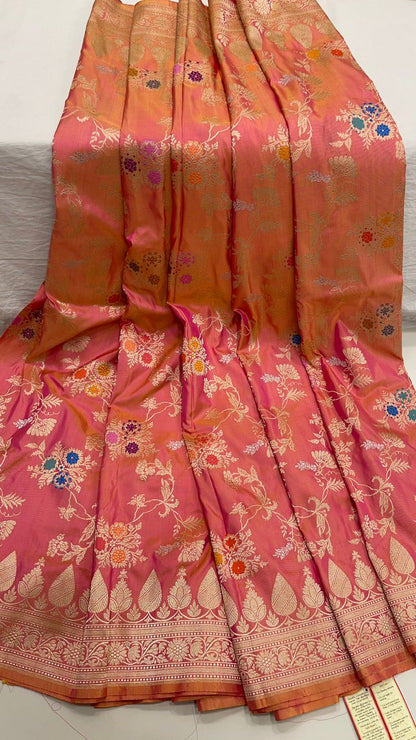 Timeless Elegance: Faishana Pure Silk Handloom Unveils Peach Ektara Dhoop Chav Katan Silk Kadhua Minakari Floral Jangla Jaal with Peach Stripe Blouse Saree