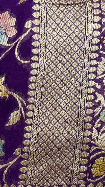 Faishana Pure Silk Handloom Exquisite Purple Khaddi Georgette Hand Brush Floral Zari Kadhwa Jaal with Banarasi Zari Border with Purple Blouse