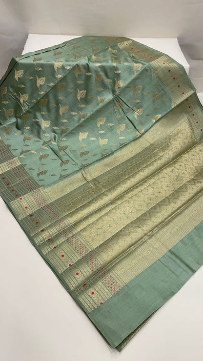 Elegant Faishana Pure Silk Handloom Light Green Chiniya Silk with Gold Zari Floral Booti and Minakari Border & Light green Blouse Piece