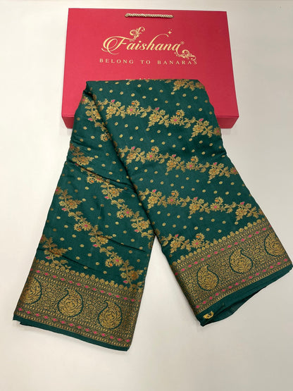 Faishana Presents Pure Silk Handloom Dark Green Muga Silk with Copper Zari Paisley Border and Dark Green Blouse