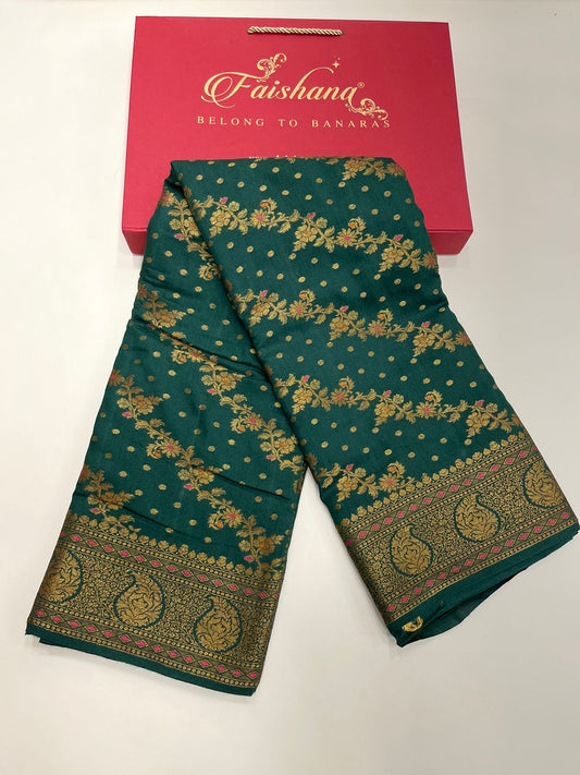 Faishana Presents Pure Silk Handloom Dark Green Muga Silk with Copper Zari Paisley Border and Dark Green Blouse
