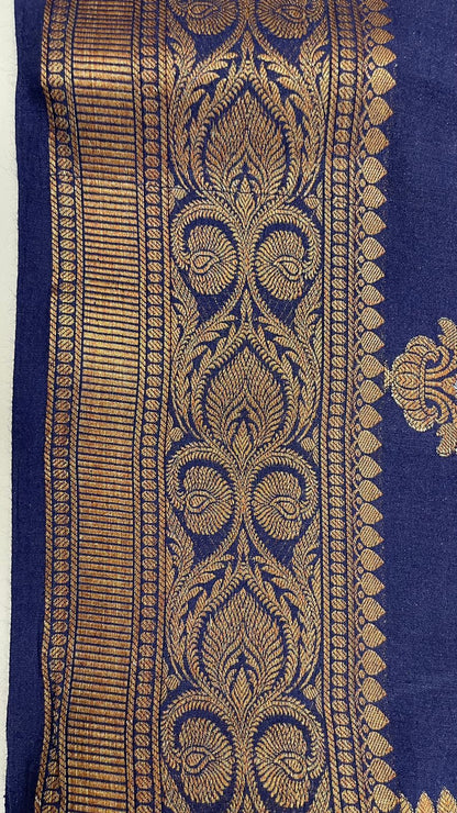 Royal Elegance: Faishana Pure Silk Handloom Navy Blue Munga Silk Minakari Zari Boota Banarasi Saree Small Zari Border with Blue Blouse