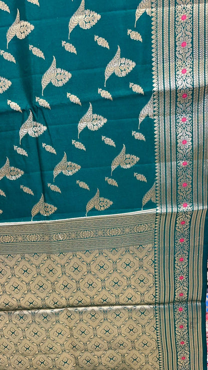 Enchanting Elegance: Faishana Pure Silk Handloom Dark Green Chiniya Silk Gold Floral Zari Booti with Minakari Border & Dark Green Blouse
