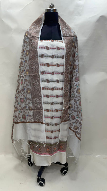 Faishana Presents White Cotton Resham Copper Zari 3pcs Suit Set accompanied with Plain Bottom and Top Copper Zari Cotton Small Booti Stripe with White Mina Jaal Dupatta