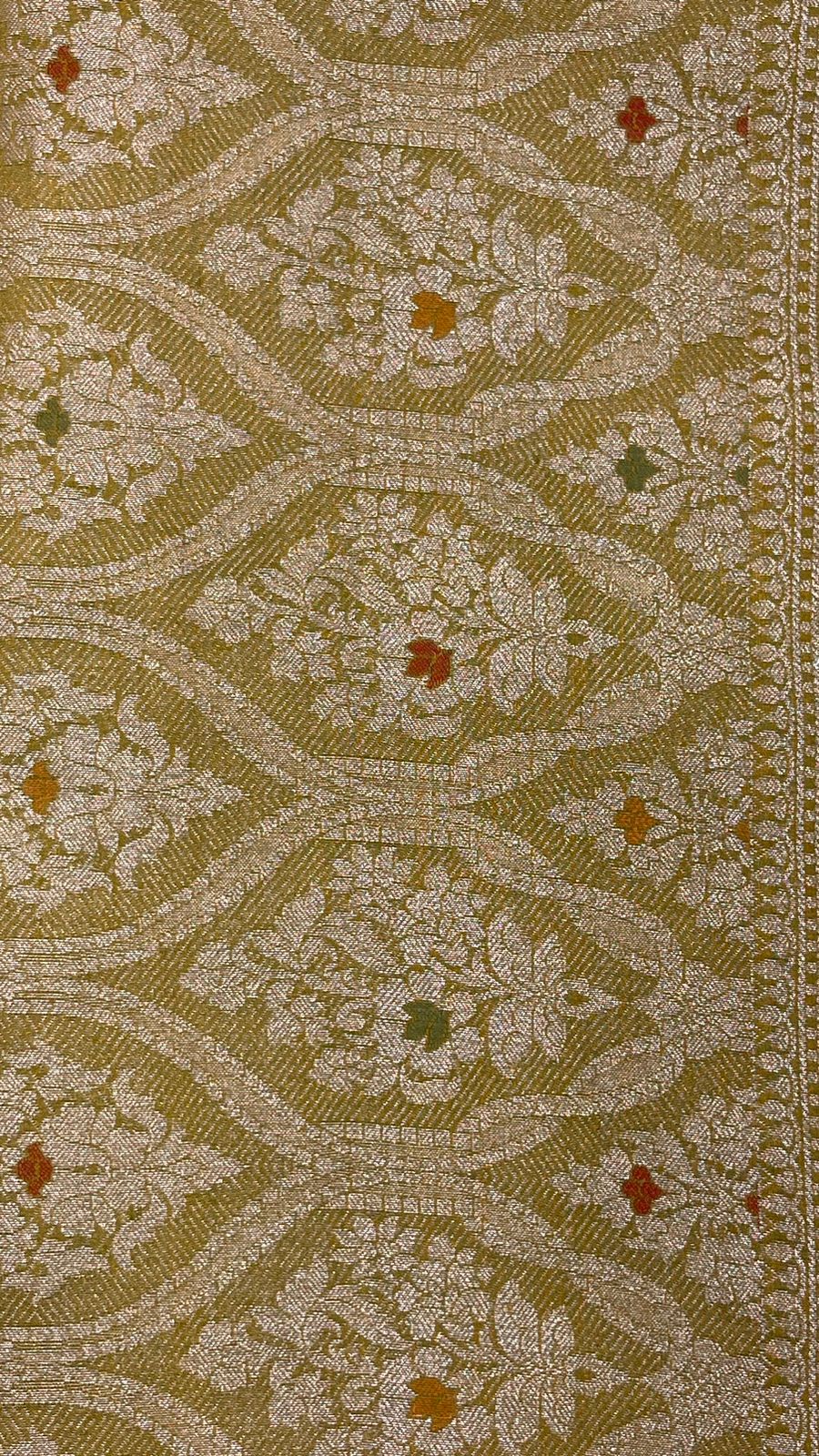 Enchanting Elegance: Faishana Pure Silk Handloom Olive Green Munga Silk Zari Minakari Jaal Anchal Saree with Banarasi Minakari Zari Border by an Olive Green Blouse Piece