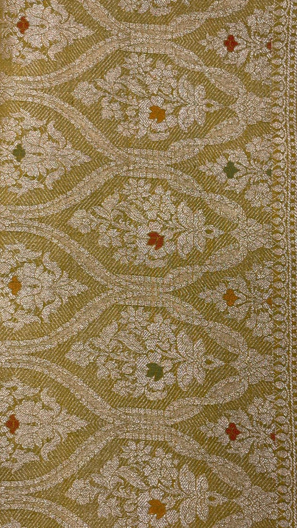 Enchanting Elegance: Faishana Pure Silk Handloom Olive Green Munga Silk Zari Minakari Jaal Anchal Saree with Banarasi Minakari Zari Border by an Olive Green Blouse Piece