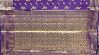 Regal Charm: Faishana's Exquisite Pure Silk Handloom Purple Chiniya Silk Gold Floral Zari Booti with Minakari Border & Purple Blouse
