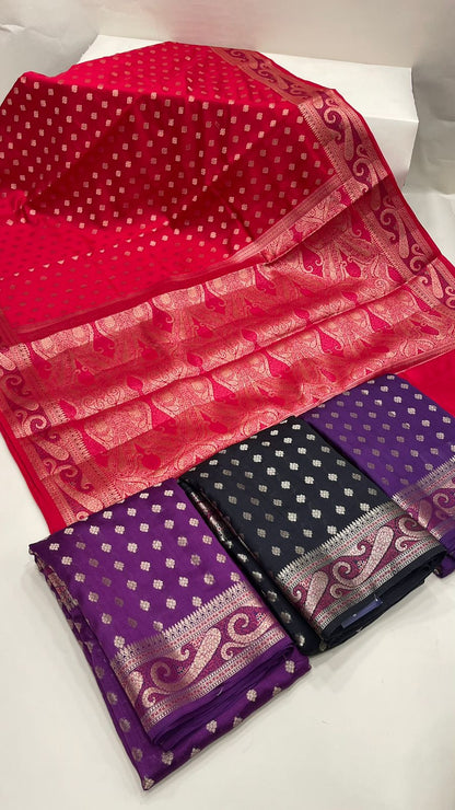 Regal Elegance: Faishana's Exquisite Pure Silk Handloom Red Chiniya Silk Saree with Gold Zari Booti & Tilfi Anchal with Tilfi Zari Border and with Red Blouse