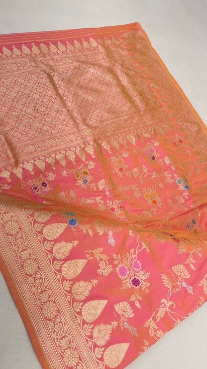 Timeless Elegance: Faishana Pure Silk Handloom Unveils Peach Ektara Dhoop Chav Katan Silk Kadhua Minakari Floral Jangla Jaal with Peach Stripe Blouse Saree