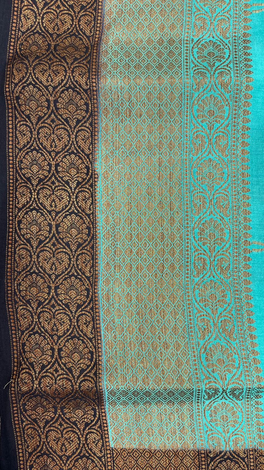Faishana Pure Silk Handloom Sea Green Muga Silk Zari Mina Floral Booti Contrast Navy Blue Anchal Copper Zari Border Banarasi Saree with Navy Blouse