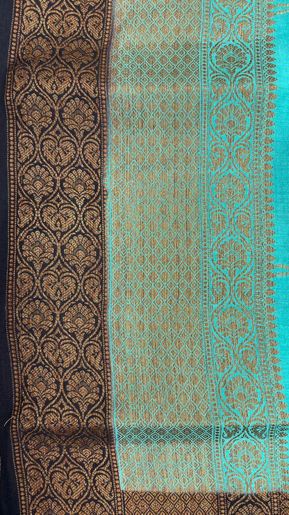 Faishana Pure Silk Handloom Sea Green Muga Silk Zari Mina Floral Booti Contrast Navy Blue Anchal Copper Zari Border Banarasi Saree with Navy Blouse