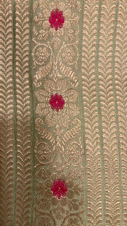 Faishana Presents: Exquisite Pure Silk Handloom Pistachio Chiniya Silk Tilfi Zari Jaal Zig-Zag Banarasi Saree with Minakari Zari Border & Matching Blouse Piece