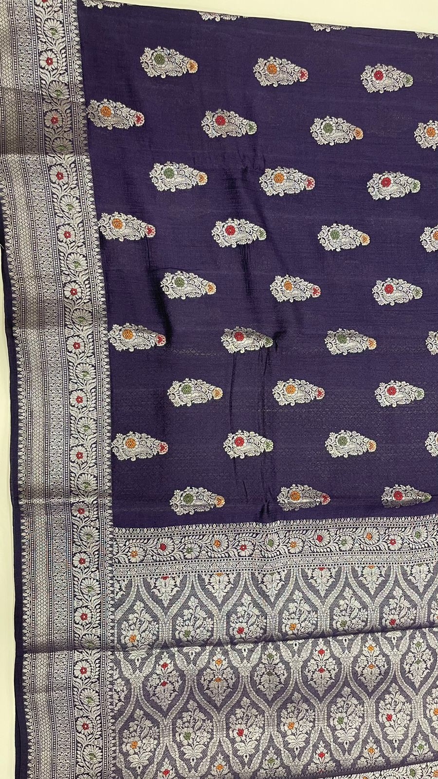 Royal Elegance: Faishana Pure Silk Handlom Navy Blue Munga Silk Zari Mina Booti Saree with Minakari Jaal Anchal Zari Border Paired with a Matching Blouse Piece