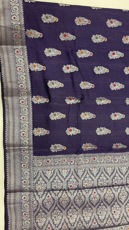 Royal Elegance: Faishana Pure Silk Handlom Navy Blue Munga Silk Zari Mina Booti Saree with Minakari Jaal Anchal Zari Border Paired with a Matching Blouse Piece