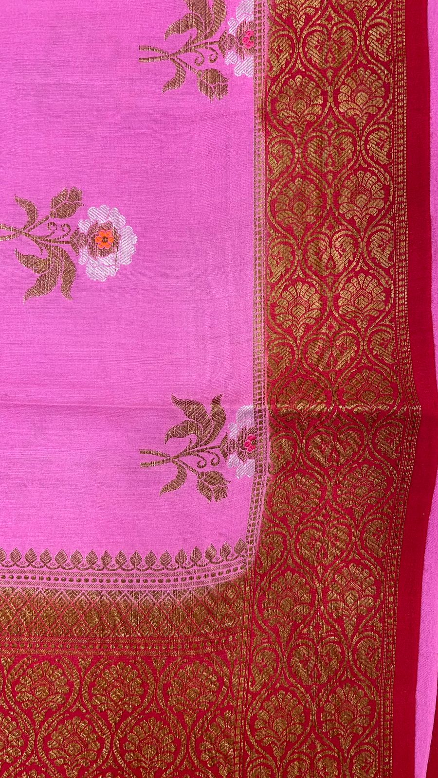 Radiant Elegance: Faishana Pure Silk Handloom Pink Muga Silk Saree with Zari Mina Floral Booti and Contrasting Red Anchal Copper Zari Border and Paired with a Red Blouse