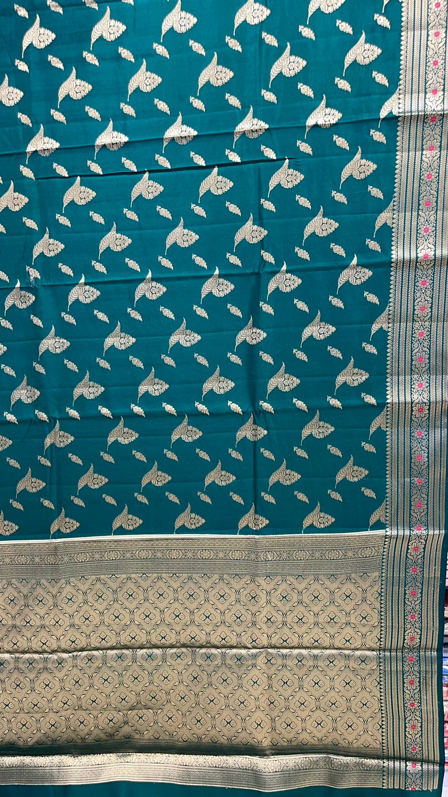 Enchanting Elegance: Faishana Pure Silk Handloom Dark Green Chiniya Silk Gold Floral Zari Booti with Minakari Border & Dark Green Blouse