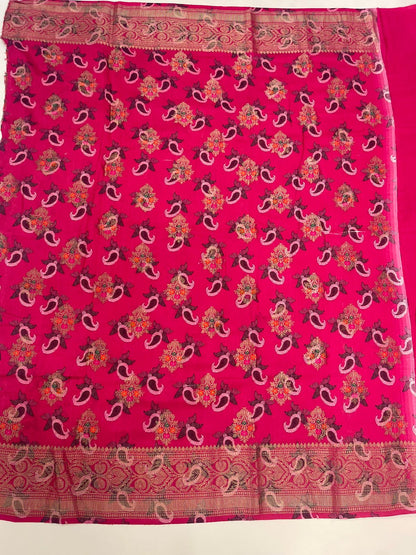 Faishana Pure Silk Handloom Pink Katan Georgette Digital Printed Zari Floral Jaal Kadhwa Banarasi Border with Pink Blouse.