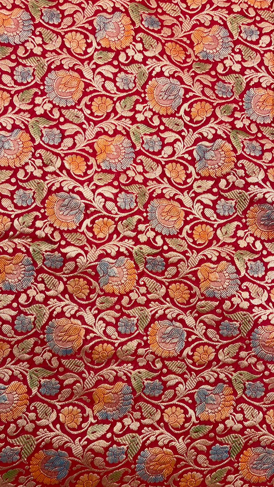 Faishana Pure Silk Handloom Exquisite Red Khaddi Georgette Hand Brush Floral Zari Kadhwa Jaal with Banarasi Zari Border with Red Blouse