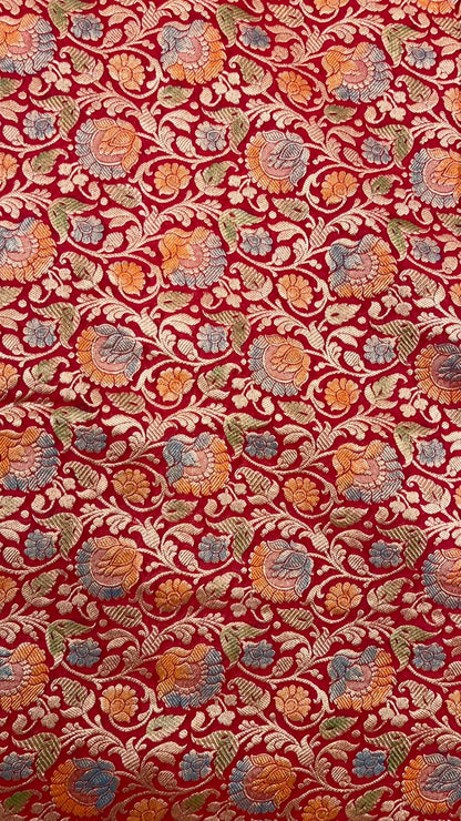 Faishana Pure Silk Handloom Exquisite Red Khaddi Georgette Hand Brush Floral Zari Kadhwa Jaal with Banarasi Zari Border with Red Blouse