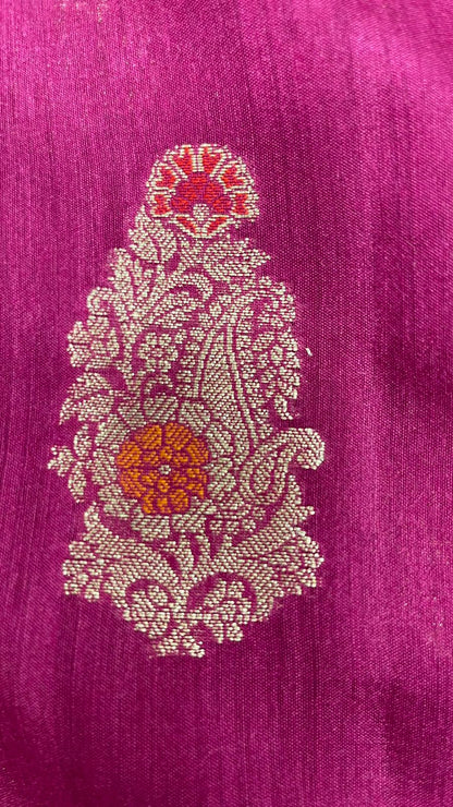 Faishana Pure Silk Handloom Pink Pure Muga Silk Zari Mina Booti Minakari Jaal Pallu with Minakari Zari Border Banarasi Saree with Pink Blouse
