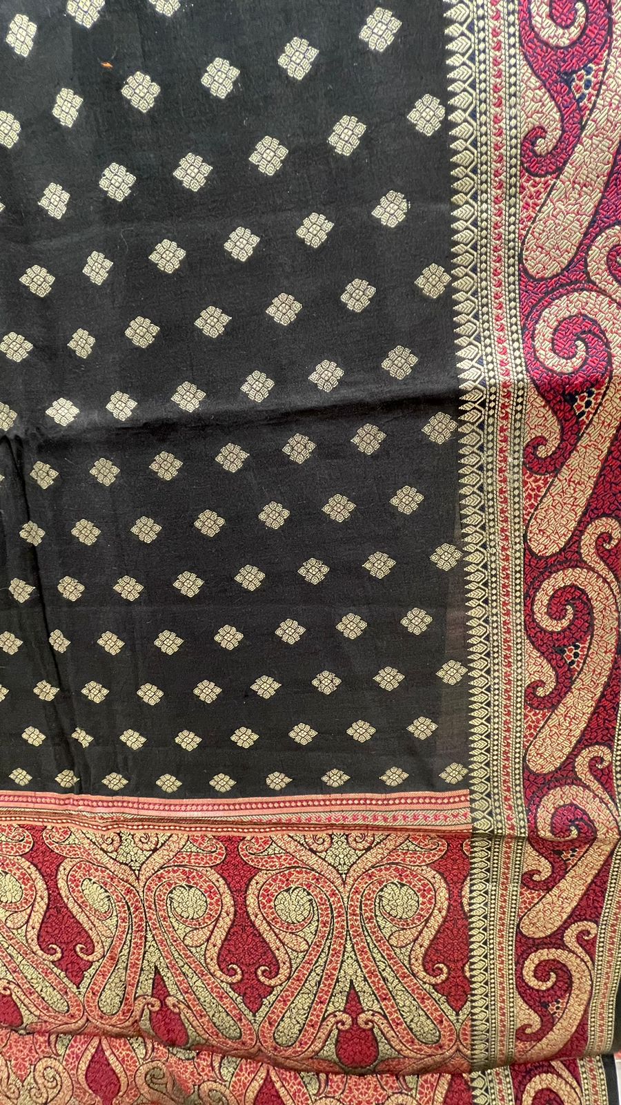 Classic Elegance: Faishana's Pure Silk Handloom Black Chiniya Silk with Gold Zari Booti and Tilfi Anchal Zari Border with Black Blouse Piece