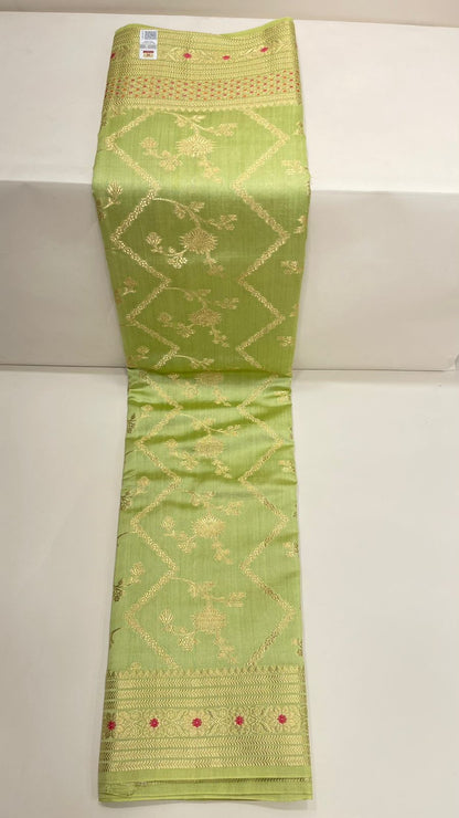 Faishana Presents: Exquisite Pure Silk Handloom Pistachio Chiniya Silk Tilfi Zari Jaal Zig-Zag Banarasi Saree with Minakari Zari Border & Matching Blouse Piece