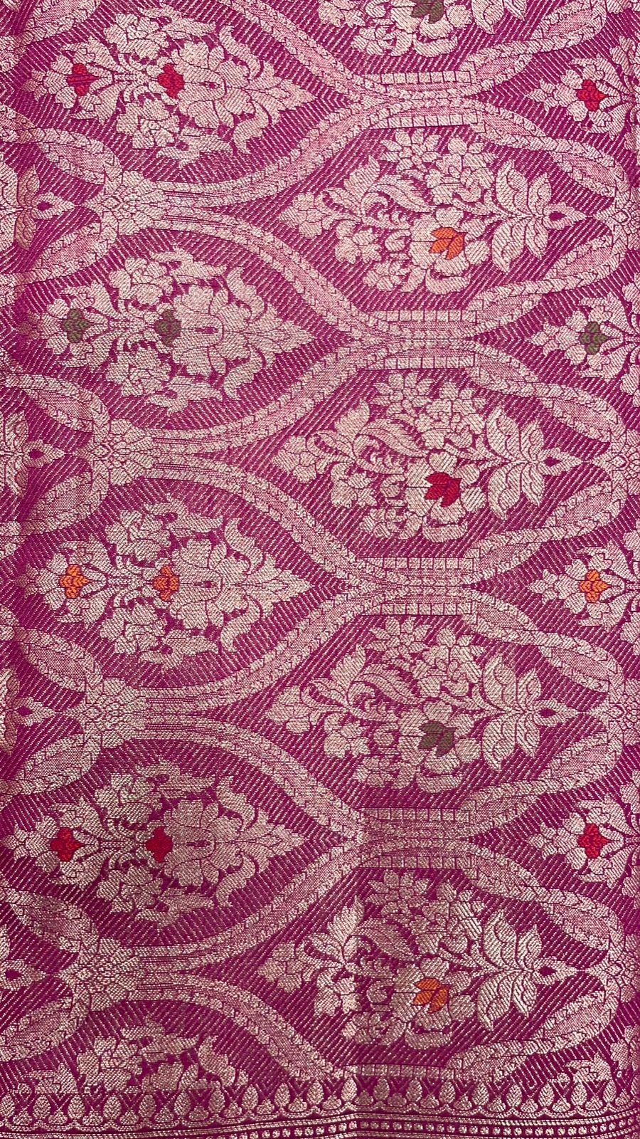 Faishana Pure Silk Handloom Pink Pure Muga Silk Zari Mina Booti Minakari Jaal Pallu with Minakari Zari Border Banarasi Saree with Pink Blouse
