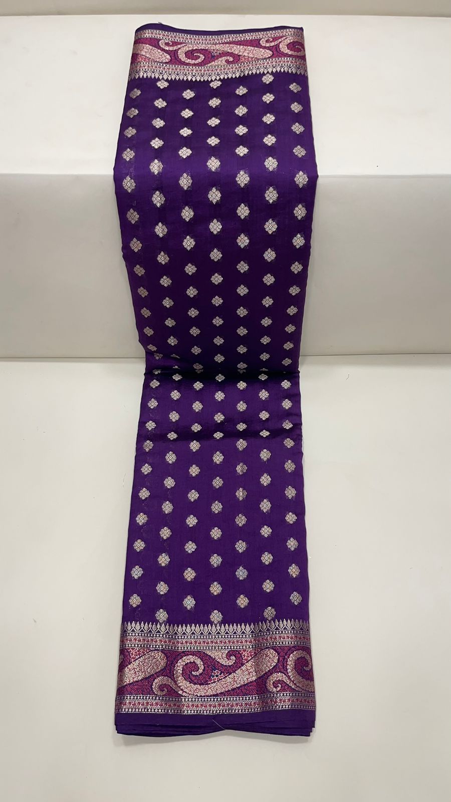 Regal Radiance: Faishana Pure Silk Handloom Purple Chiniya Silk Gold Zari Booti and Tilfi Anchal with Tilfi Zari Border Purple Blouse Piece