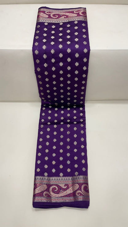 Regal Radiance: Faishana Pure Silk Handloom Purple Chiniya Silk Gold Zari Booti and Tilfi Anchal with Tilfi Zari Border Purple Blouse Piece