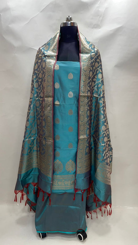 Faishana Presents Light Blue Katan Silk 3pcs Suit Set accompanied with Plain Bottom and Top Golden Zari Booti with Light Blue Golden Jaal Katan Silk Dupatta