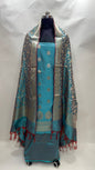 Faishana Presents Light Blue Katan Silk 3pcs Suit Set accompanied with Plain Bottom and Top Golden Zari Booti with Light Blue Golden Jaal Katan Silk Dupatta