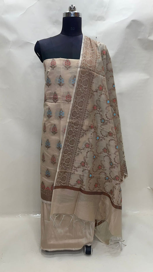 Faishana Presents Beige Cotton Resham Copper Zari 3pcs Suit Set accompanied with Plain Bottom and Top Copper Zari Cotton Small Mina Boota with Beige Mina Jaal Dupatta