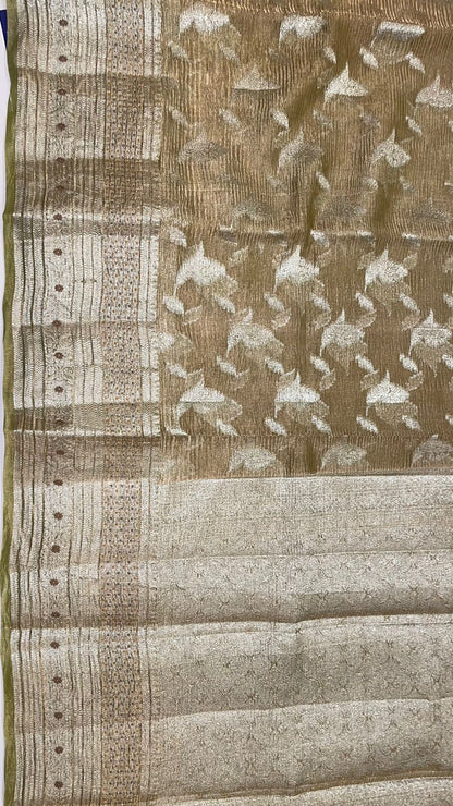 Unveils Elegance: Faishana Pure Silk Handloom Olive Green Crushed Tissue Zari Floral Booti Saree, Adorned with Banarasi Zari Border & Matching Blouse Piece