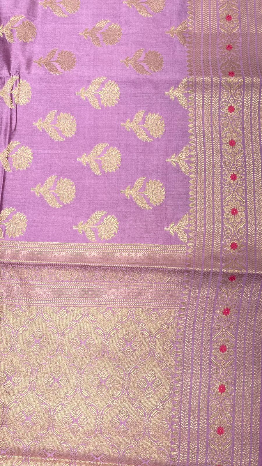 Royal Elegance: Faishana's Exquisite Light Purple Pure Chiniya Silk Gold Floral Zari Booti with Minakari Border & Purple Blouse