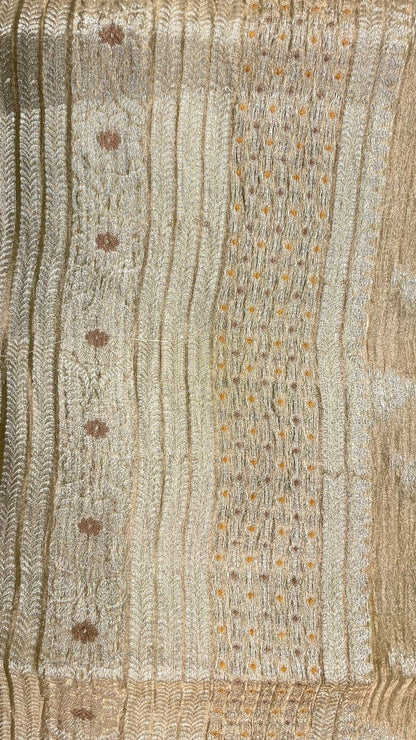 Unveils Elegance: Faishana Pure Silk Handloom Olive Green Crushed Tissue Zari Floral Booti Saree, Adorned with Banarasi Zari Border & Matching Blouse Piece