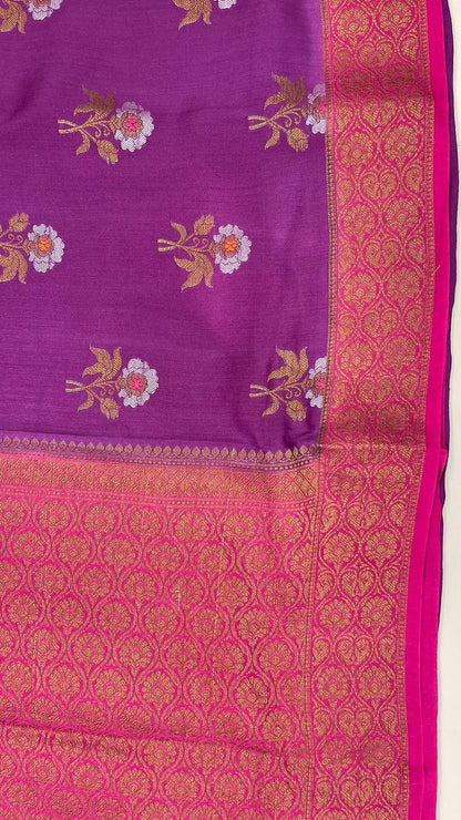 Faishana Pure Silk Handloom Purple Muga Silk Zari Mina Floral Booti Contrast Magenta Anchal Copper Zari Border Banarasi Saree with Magenta Blouse