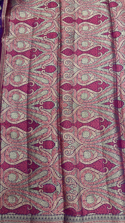 Regal Radiance: Faishana Pure Silk Handloom Purple Chiniya Silk Gold Zari Booti and Tilfi Anchal with Tilfi Zari Border Purple Blouse Piece