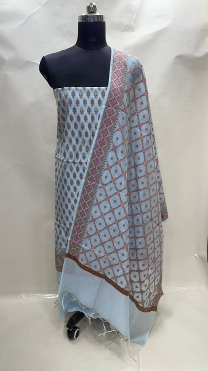 Faishana Presents Sky Blue Cotton Resham Copper Zari 3pcs Suit Set accompanied with Plain Bottom and Top Copper Zari Booti with Sky Blue Mina Barfi Jaal Dupatta