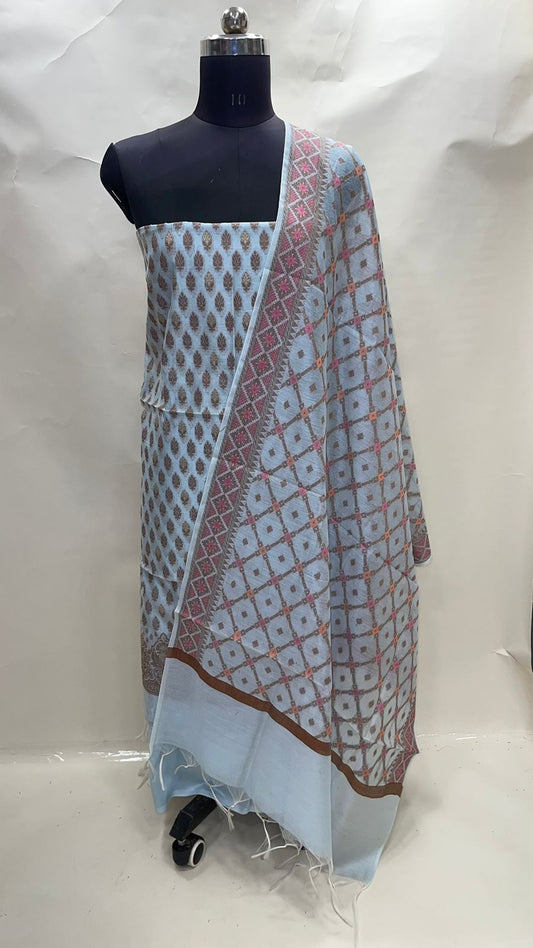 Faishana Presents Sky Blue Cotton Resham Copper Zari 3pcs Suit Set accompanied with Plain Bottom and Top Copper Zari Booti with Sky Blue Mina Barfi Jaal Dupatta