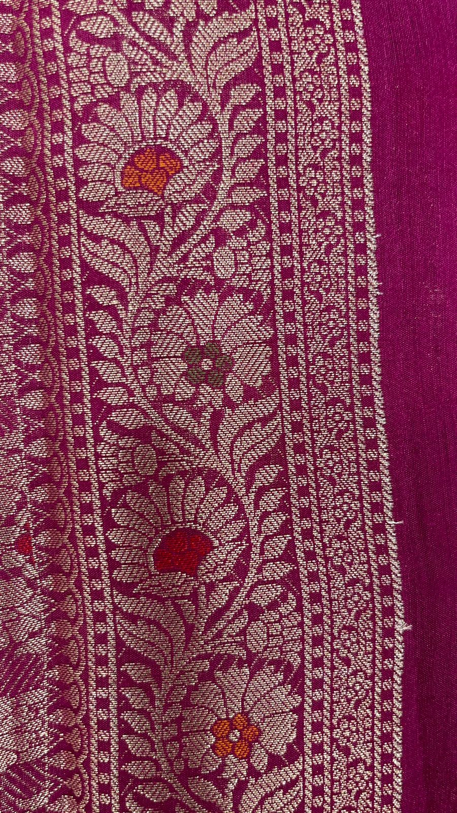 Faishana Pure Silk Handloom Pink Pure Muga Silk Zari Mina Booti Minakari Jaal Pallu with Minakari Zari Border Banarasi Saree with Pink Blouse