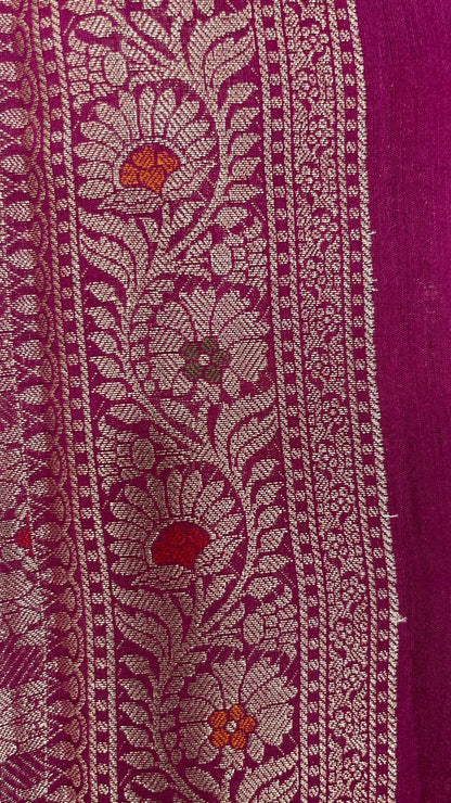 Faishana Pure Silk Handloom Pink Pure Muga Silk Zari Mina Booti Minakari Jaal Pallu with Minakari Zari Border Banarasi Saree with Pink Blouse