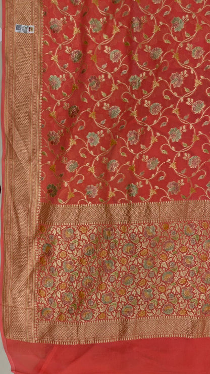 Radiant Threads: Faishana's Pure Silk Handloom Orange Khaddi Georgette Hand Brush Floral Zari Kadhwa Jaal with Banarasi Zari Border with an Orange Blouse