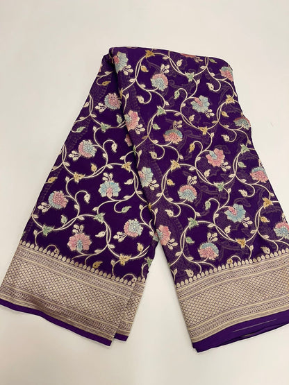Faishana Pure Silk Handloom Exquisite Purple Khaddi Georgette Hand Brush Floral Zari Kadhwa Jaal with Banarasi Zari Border with Purple Blouse